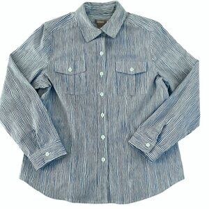 Chicos Button Up Shirt Cotton Blend‎ Womens Sz 1 Blue Coastal Preppy Stripe Chic